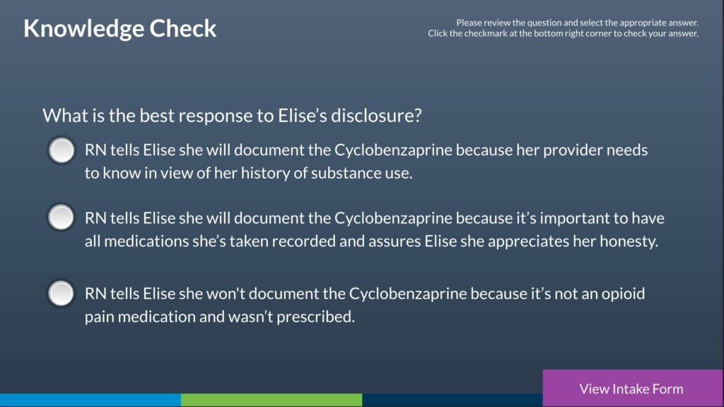 Knowledge check example with multiple choice question from the case study